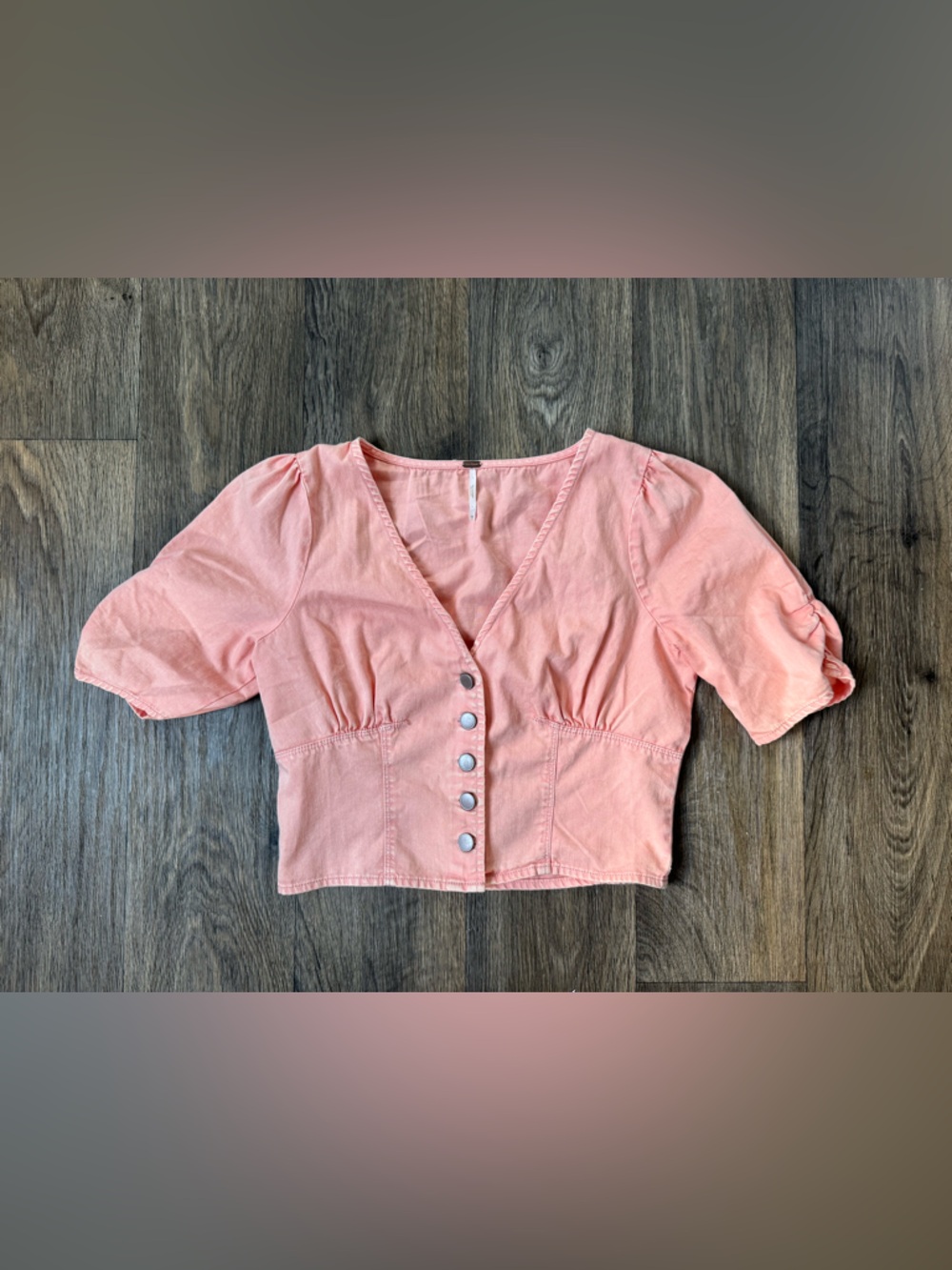 Free People Twice As Nice Peach Crop Button-Up Puff Sleeve Cotton Blouse Size 10